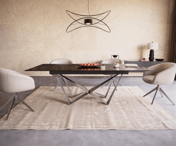 Jídelní stůl Edge 180-220x100 reliéfní sklo kouřové černé 3D design křížová podnož plochá ocel nerezová ocel rozkládací - Image 2