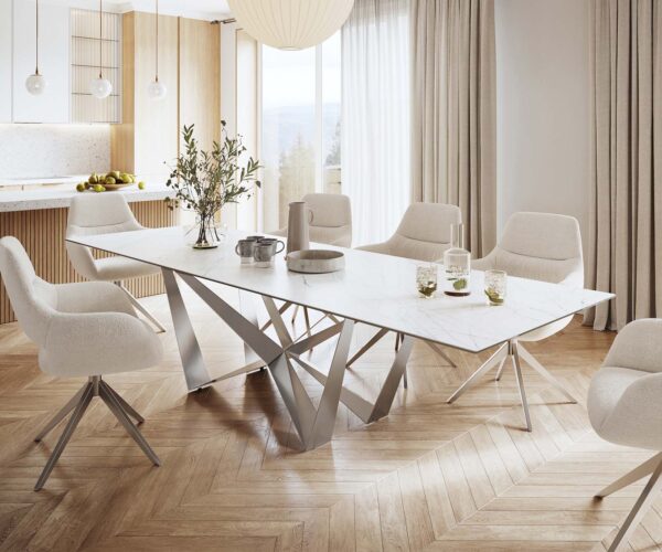 Jídelní stůl Edge 300x100cm Laminam® keramika bílá podnož plochá ocel stříbrná - Image 2