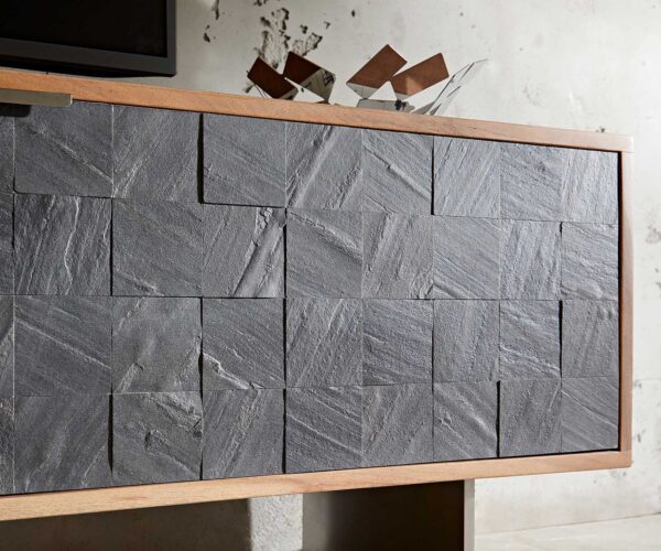 TV stolek Teele 200 cm přírodní akácie břidlice 2 dvířka podnož nerezová ocel - Image 5