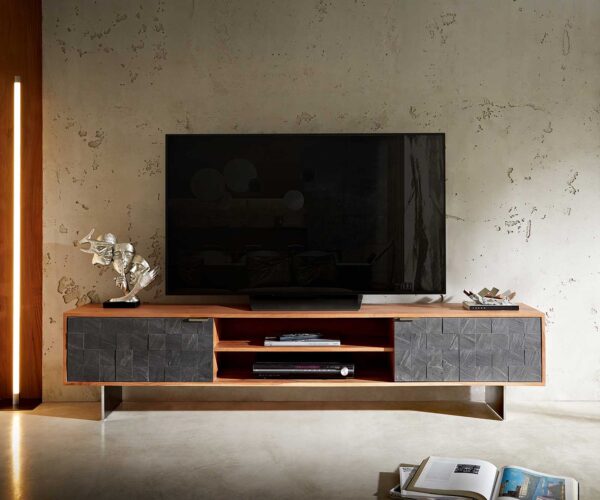TV stolek Teele 200 cm přírodní akácie břidlice 2 dvířka podnož nerezová ocel - Image 2