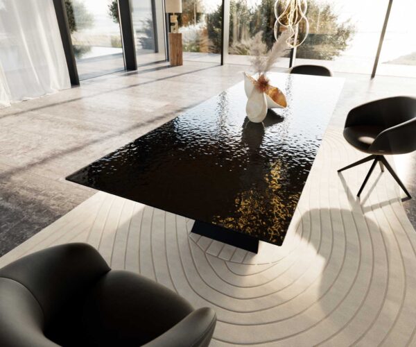 Jídelní stůl Edge 300x100 Reliéfní sklo kouřově černá 3D design podnož ve tvaru "V" plochá ocel černá - Image 7