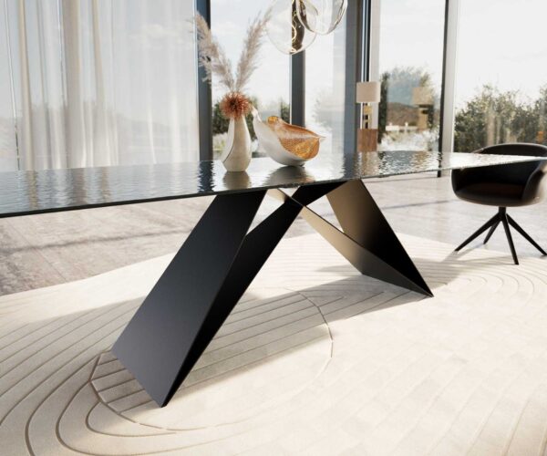 Jídelní stůl Edge 300x100 Reliéfní sklo kouřově černá 3D design podnož ve tvaru "V" plochá ocel černá - Image 6