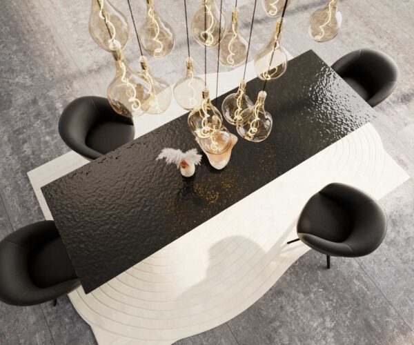 Jídelní stůl Edge 300x100 Reliéfní sklo kouřově černá 3D design podnož ve tvaru "V" plochá ocel černá - Image 5