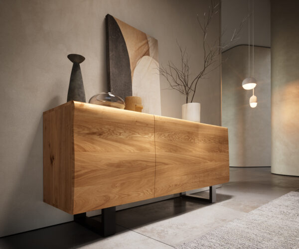 Příborník New Live-Edge 145 cm přírodní dub 3 dvířka tenká podnož kovová černá - Image 5