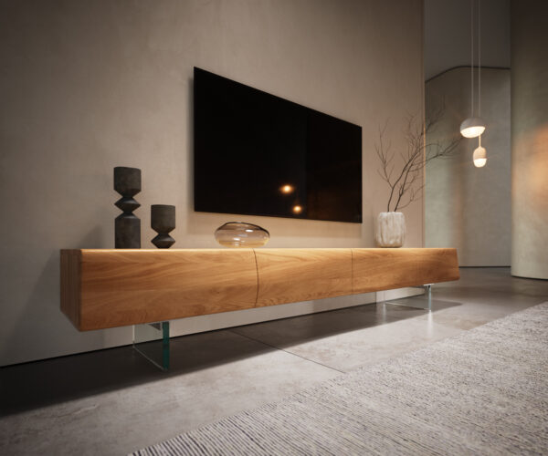 TV stolek New Live-Edge 200 cm přírodní dub 4 dvířka skleněná podnož - Image 3