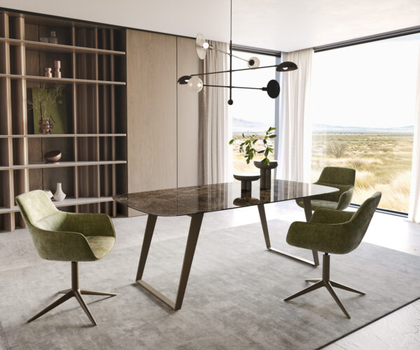 Jídelní stůl Edge oválný 200x100 keramika Laminam® Emperador Extra Lucidato tmavě hnědá podnož titanová zkosená - Image 6