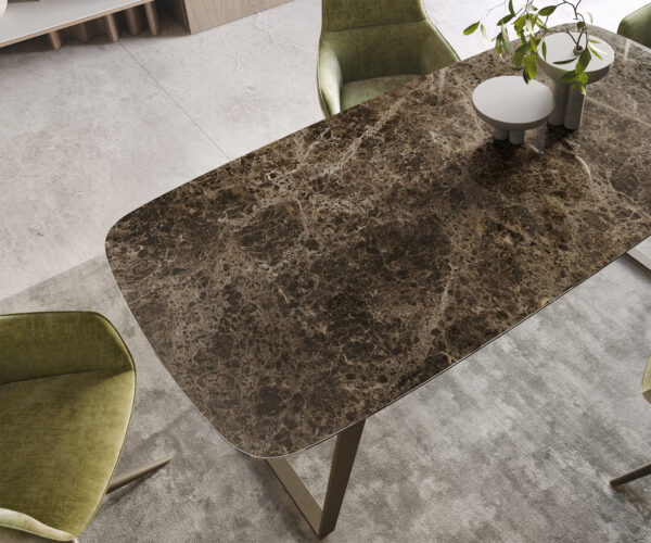 Jídelní stůl Edge oválný 200x100 keramika Laminam® Emperador Extra Lucidato tmavě hnědá podnož titanová zkosená - Image 5