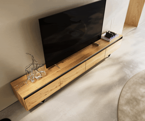 TV stolek Stonegrace 240 cm přírodní dub 4 dvířka podnož ve tvaru "V" kovová černá - Image 4