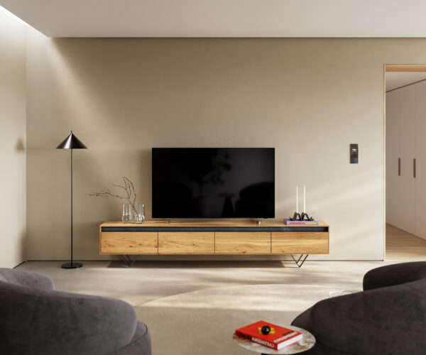 TV stolek Stonegrace 240 cm přírodní dub 4 dvířka podnož ve tvaru "V" kovová černá - Image 2