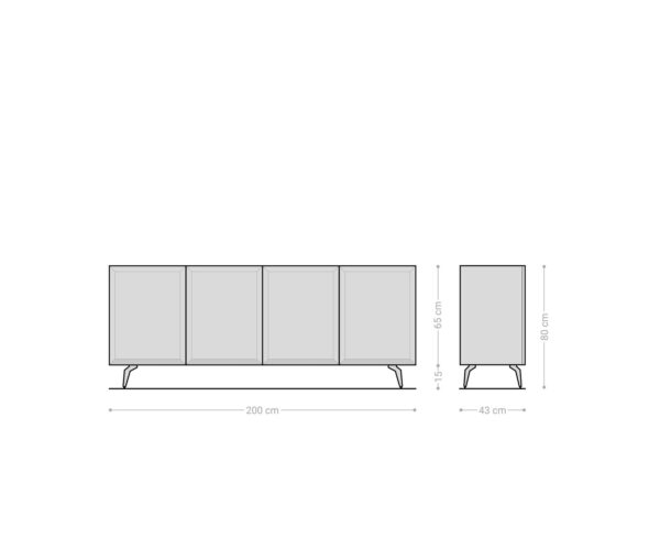 Příborník Marellia 200 cm šedá 4 dvířka šikmá podnož nerezová ocel - Image 7