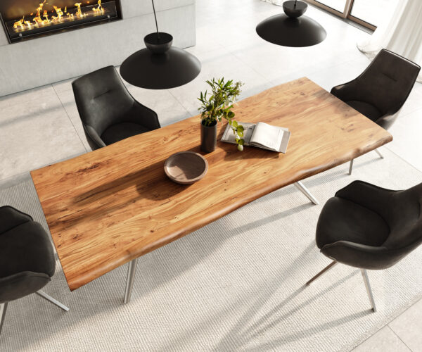 Jídelní stůl Edge 240x100 přírodní akácie podnož Estelar kulatá z nerezové oceli nepravidelný okraj - Image 4