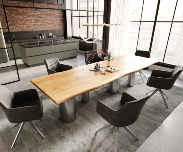 Jídelní stůl Edge 300x100x4 přírodní dub podnož Pilier nerezová ocel kartáčovaná nepravidelný okraj - Image 5