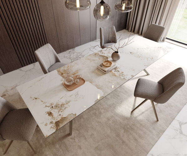 Jídelní stůl Edge 300x100 keramický Minas Melange bílo-béžový Estelar kulatý povrch s kovovým efektem titanový - Image 4