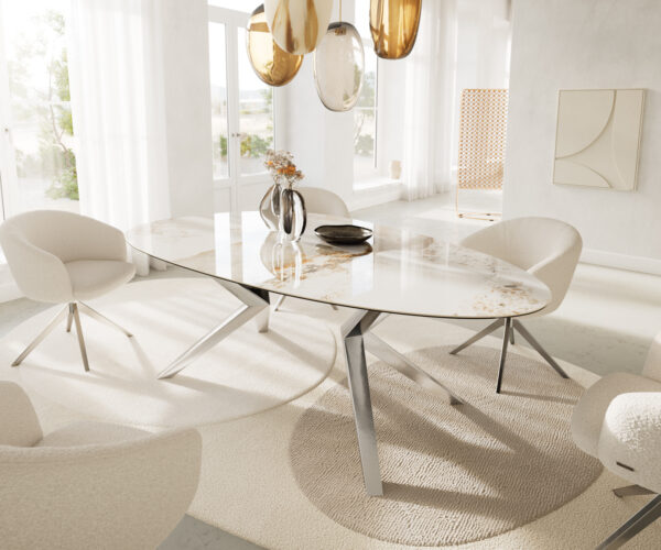Jídelní stůl Edge Oval 220x120 keramický Minas Melange bílo-béžový Zenthara hranatý z nerezové oceli