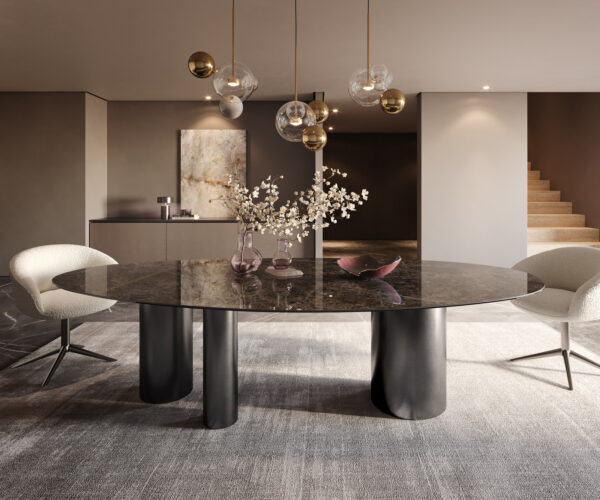 Jídelní stůl Edge Oval 280x130 Keramický Laminam®Emperador Extra Lucidato Tmavě hnědá Troa Nerezová ocel Grafitová - Image 2