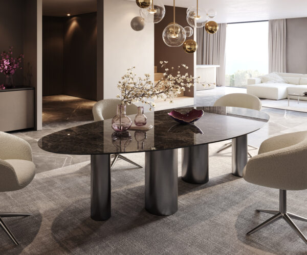 Jídelní stůl Edge Oval 280x130 keramický Laminam®Emperador Extra Lucidato tmavě hnědý Pilier nerezová ocel grafitová