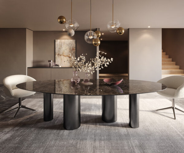 Jídelní stůl Edge Oval 280x130 keramický Laminam®Emperador Extra Lucidato tmavě hnědý Pilier nerezová ocel grafitová - Image 2