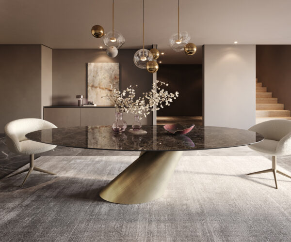Jídelní stůl Edge Oval 280x130 Keramický Laminam® Emperador Extra Lucidato Tmavě hnědý Cono Metallic Gold - Image 2