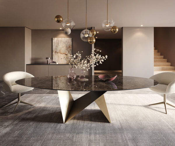 Jídelní stůl Edge Oval 280x130 Keramický Laminam® Emperador Extra Lucidato Tmavě hnědá Origami Metallic Gold - Image 2