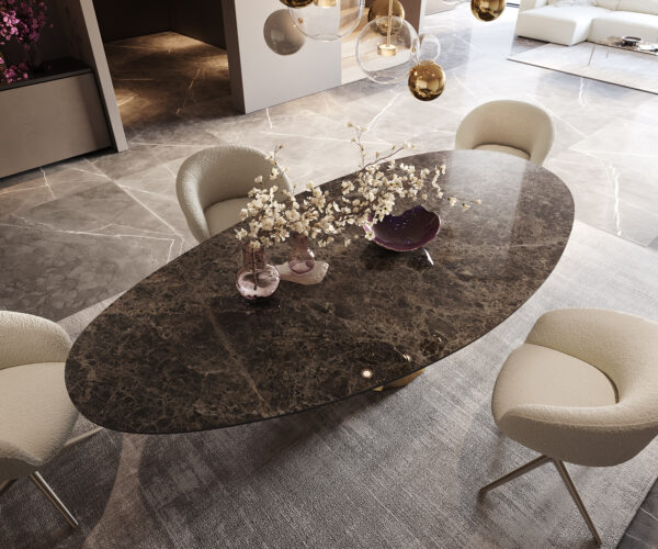 Jídelní stůl Edge Oval 280x130 Keramický Laminam® Emperador Extra Lucidato Tmavě hnědá Parabola Metallic Gold - Image 3
