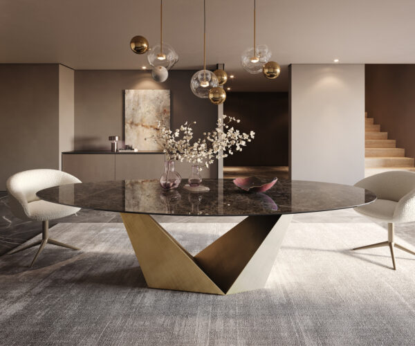 Jídelní stůl Edge Oval 280x130 Keramický Laminam® Emperador Extra Lucidato Tmavě hnědá Prisma Metallic Gold - Image 2
