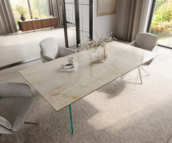 Jídelní stůl Edge 200x100 keramický Laminam® Onice Oro ?skleněný rám - Image 4