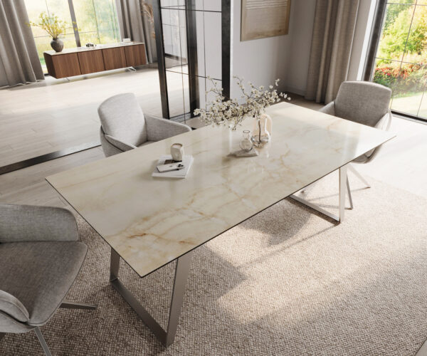 Jídelní stůl Edge 200x100 keramický Laminam® Onice Oro ?nerezová ocel šikmý - Image 4