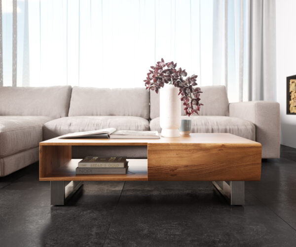 Konferenční stolek New Live-Edge 115x60 cm přírodní akácie 2 zásuvky 1 policový běhoun kartáčovaná nerezová ocel - Image 2