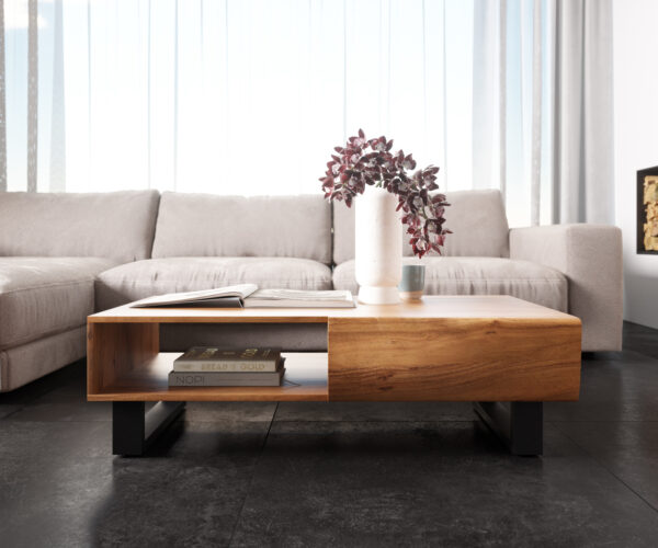 Konferenční stolek New Live-Edge 115x60 cm akácie přírodní 2 zásuvky 1 přihrádka kovová tenká podnož černá - Obrázek 2
