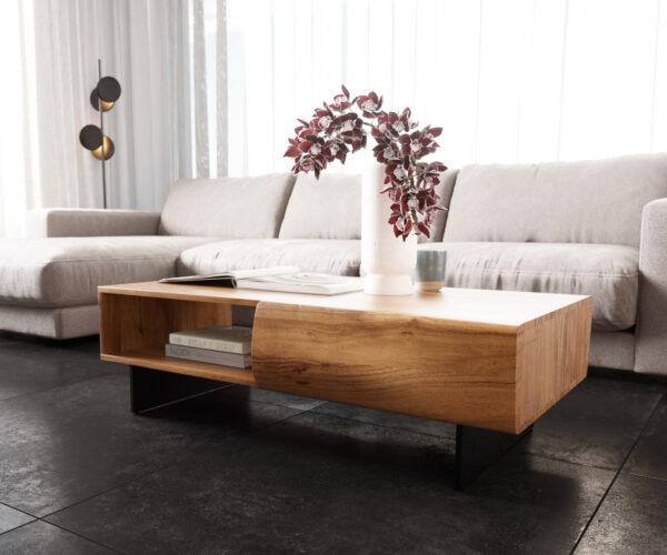Konferenční stolek New Live-Edge 115x60 cm přírodní akácie 2 zásuvky 1 přihrádka podnož plovoucí kov černá