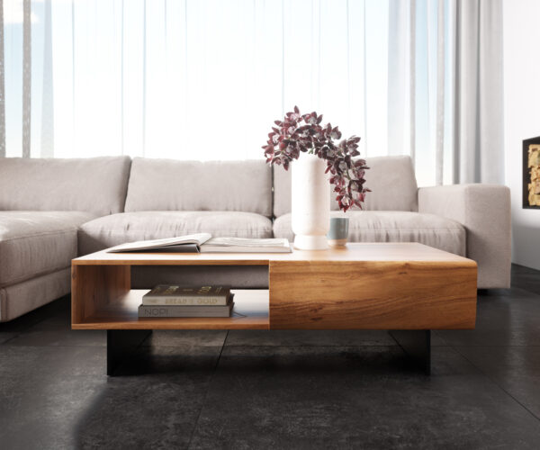 Konferenční stolek New Live-Edge 115x60 cm přírodní akácie 2 zásuvky 1 přihrádka podnož plovoucí kov černá - Image 2