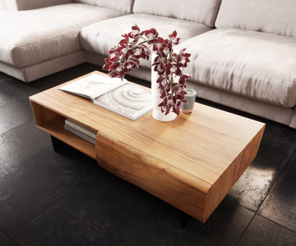 Konferenční stolek New Live-Edge 115x60 cm přírodní akácie 2 zásuvky 1 přihrádka podnož plovoucí kov černá - Image 4