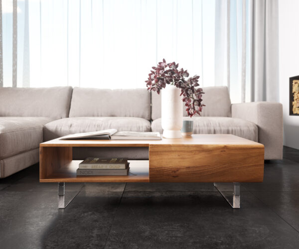 Konferenční stolek New Live-Edge 115x60 cm akácie přírodní 2 zásuvky 1 přihrádka akrylová podnož - Obrázek 2