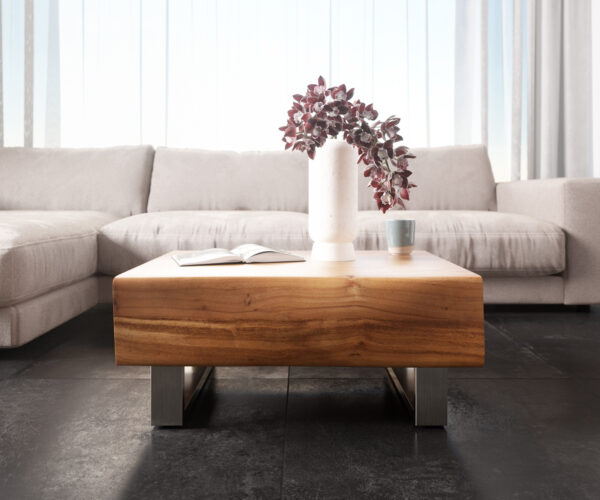Konferenční stolek New Live-Edge 80x60 cm přírodní akácie 2 zásuvky běhoun kartáčovaná nerezová ocel - Image 2