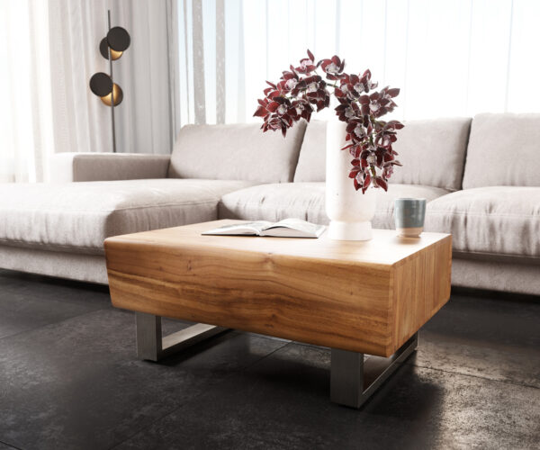 Konferenční stolek New Live-Edge 80x60 cm přírodní akácie 2 zásuvky běhoun kartáčovaná nerezová ocel - Image 4
