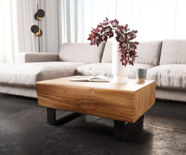 Konferenční stolek New Live-Edge 80x60 cm akácie přírodní 2 zásuvky kovová tenká podnož černá - Obrázek 4