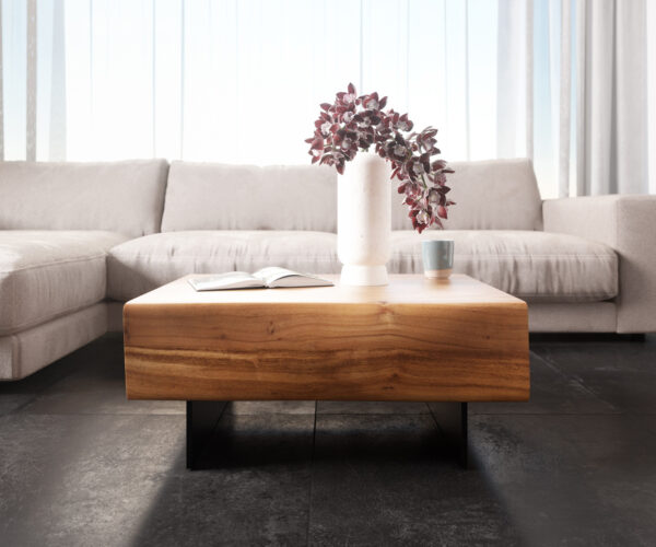 Konferenční stolek New Live-Edge 80x60 cm Akácie přírodní 2 zásuvky Podstavec plovoucí kov černý - Image 2