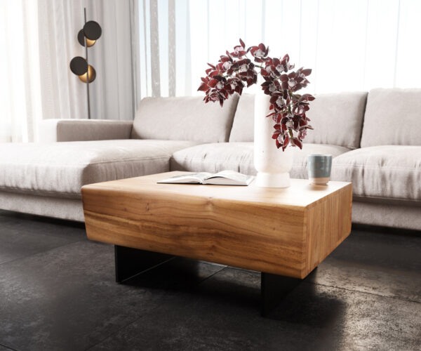 Konferenční stolek New Live-Edge 80x60 cm Akácie přírodní 2 zásuvky Podstavec plovoucí kov černý - Image 4