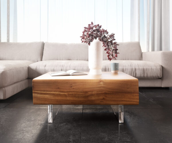 Konferenční stolek New Live-Edge 80x60 cm akácie přírodní 2 zásuvky akrylová podnož - Obrázek 2