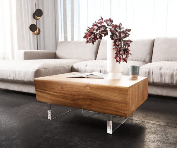 Konferenční stolek New Live-Edge 80x60 cm akácie přírodní 2 zásuvky akrylová podnož - Obrázek 4