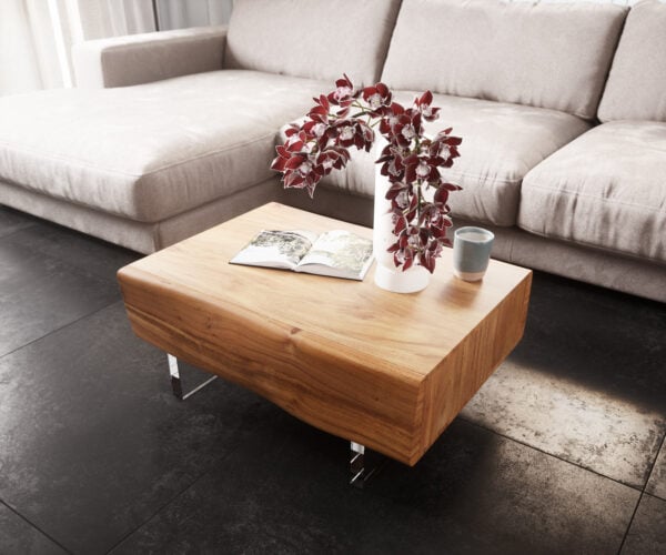 Konferenční stolek New Live-Edge 80x60 cm akácie přírodní 2 zásuvky akrylová podnož
