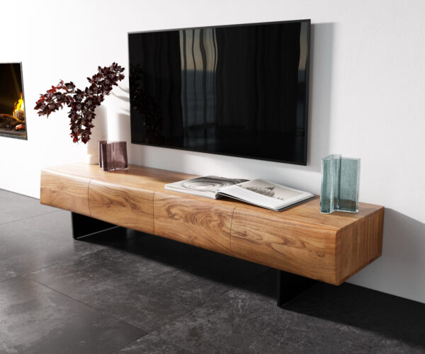 Lowboard New Live-Edge 175 cm přírodní akácie 4 dvířka podstavec plovoucí kov černý