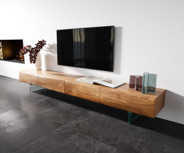 Lowboard New Live-Edge 240 cm přírodní akácie 4 zásuvky skleněný podstavec