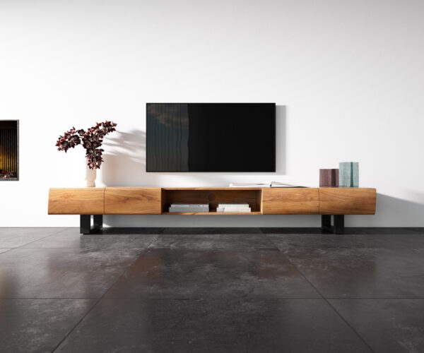 Lowboard New Live-Edge 240 cm přírodní akácie 4 dvířka 1 přihrádka běhoun kov černý - Image 4
