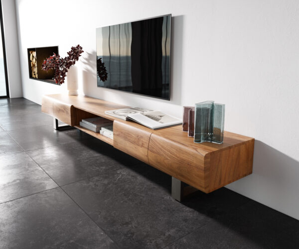 TV stolek New Live-Edge 240 cm akácie přírodní 4 dvířka 1 přihrádka tenká podnož nerezová ocel broušená - Obrázek 2