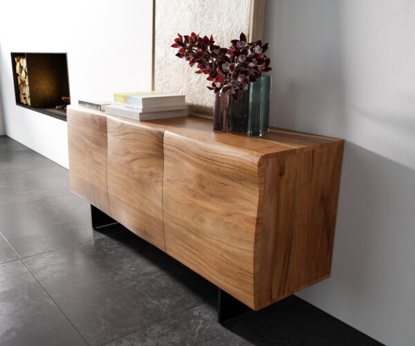 Příborník New Live-Edge 145 cm přírodní akácie 3 dvířka podstavec plovoucí vzhled kov černý - Image 2