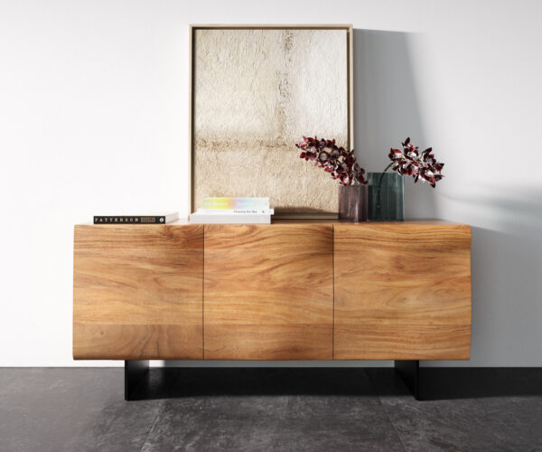 Příborník New Live-Edge 145 cm přírodní akácie 3 dvířka podstavec plovoucí vzhled kov černý - Image 4