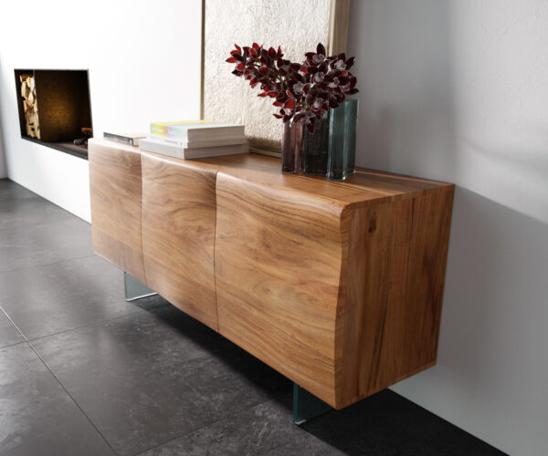 Příborník New Live-Edge 145 cm přírodní akácie 3 dvířka skleněný podstavec - Image 2