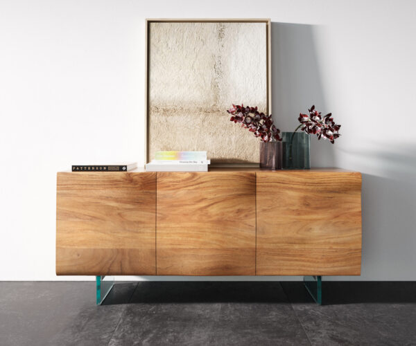 Příborník New Live-Edge 145 cm přírodní akácie 3 dvířka skleněný podstavec - Image 4
