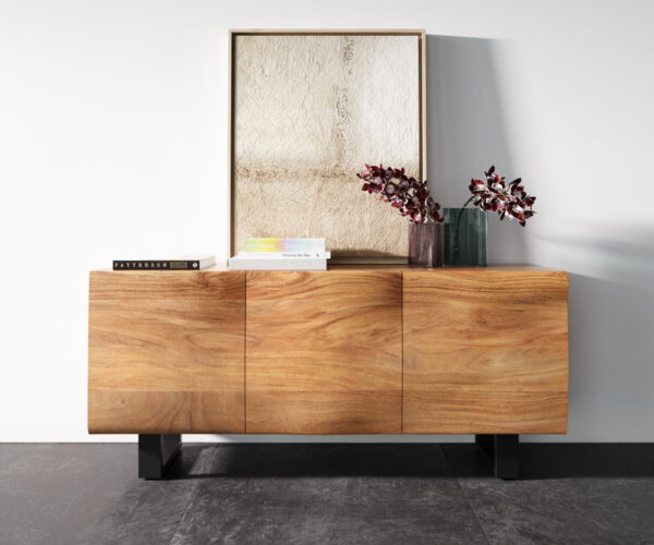 Příborník New Live-Edge 145 cm přírodní akácie 3 dvířka běhoun kov černý - Image 4